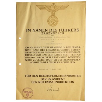Certificado de nombramiento tercero Reich al rango de ferrocarril Inspecto. Espenlaub militaria